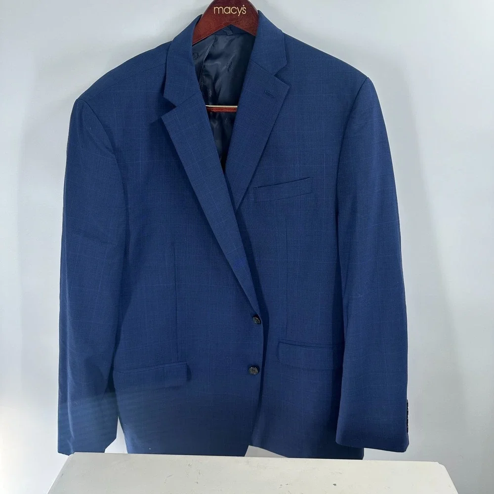 Ralph Lauren Wool Naturel Stretch Lined Macys Blazer Jacket‎ Blue Check Size 48R